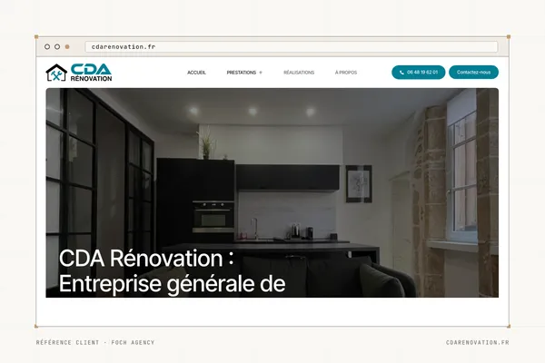 Page d'accueil du site de CDA Rénovation (Entreprise générale de rénovation) dans une fenêtre de navigateur