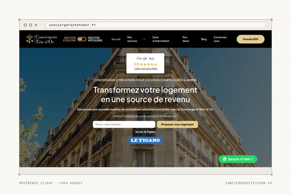 Page d'accueil du site de Conciergerie Tête d'Or (Conciergerie et location saisonnière) dans une fenêtre de navigateur