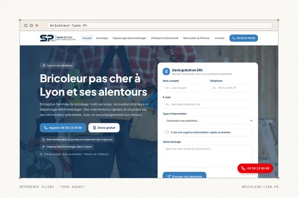 Page d'accueil du site de Denis & Fils (Bricolage multiservices et dépannage) dans une fenêtre de navigateur