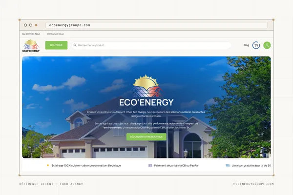 Page d'accueil du site de ECO'Energy (Éclairage solaire extérieur, boutique en ligne) dans une fenêtre de navigateur