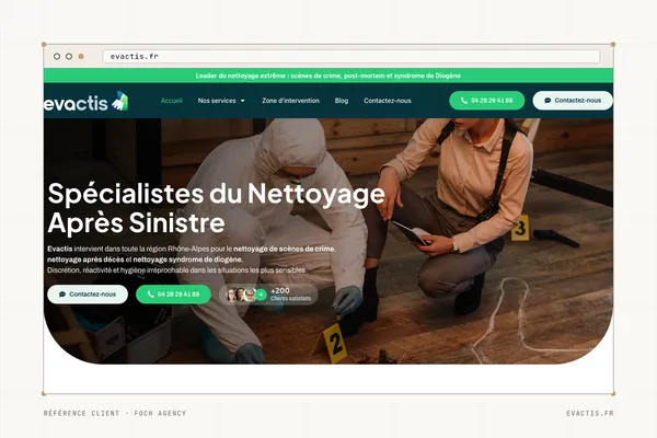 Page d'accueil du site de Evactis (Nettoyage après sinistre) dans une fenêtre de navigateur