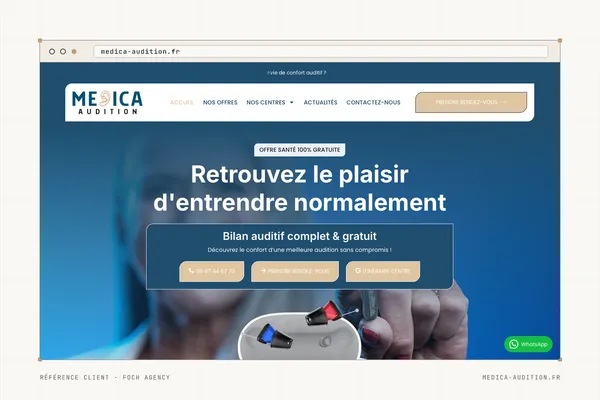 Page d'accueil du site de Medica Audition (Audioprothésiste) dans une fenêtre de navigateur