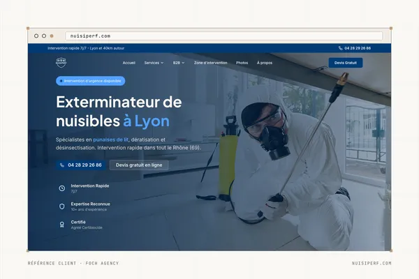 Page d'accueil du site de Nuisiperf (Dératisation et désinsectisation) dans une fenêtre de navigateur