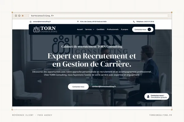 Page d'accueil du site de Torn Consulting (Cabinet de recrutement et gestion de carrière) dans une fenêtre de navigateur